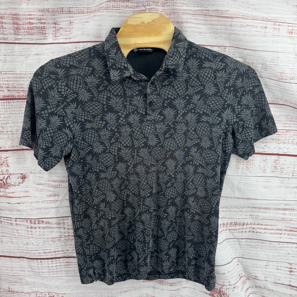 Travis Mathew Polo Shirt Mens Medium Pineapple Print Charcoal Grey Pima Cotton